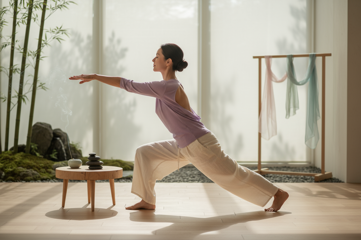 Peux-tu me générer une image en te référant à cette rubrique ( Élevez votre pratique avec grâce
Notre nouvelle collection de vêtements de yoga pour femmes allie fluidité, confort et élégance.  
Pensée pour accompagner chaque souffle et chaque mouvement, elle transforme votre pratique en rituel.  
Le futur du yoga conscient commence ici.